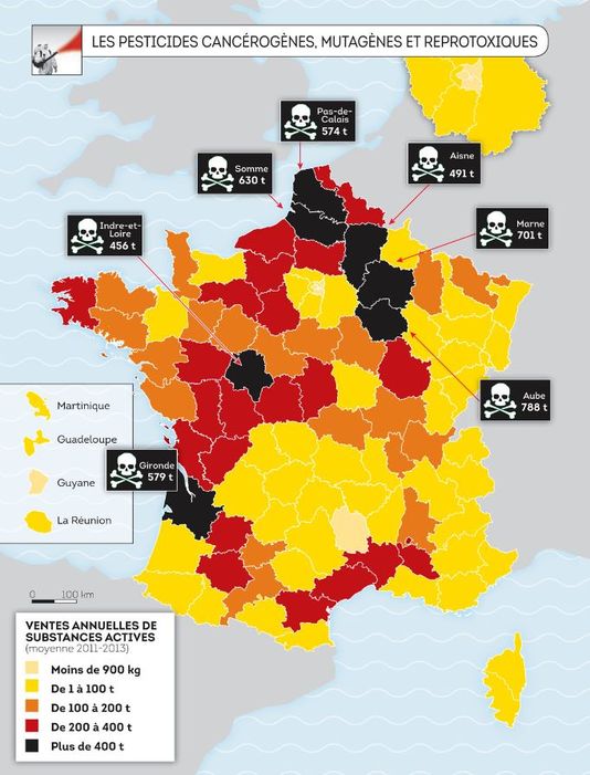 Ventes annuelles par département de substances actives cancérogènes, mutagènes et reprotoxiques. Robin des Bois - Arthaud