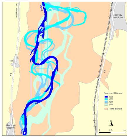 Evolution du tracé de l’Allier à Châtel-de-Neuvre (03) entre 1884 et 1998.